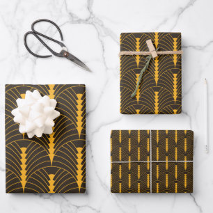 Art Deco Pattern 03 - Vivid Gamboge on Deco Black Wrapping Paper Sheets