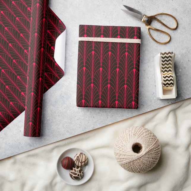 Art Deco Pattern 04 - Carmine Red on Black Wrapping Paper (Crafts)