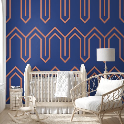 Art Deco Pattern 05 _ Orange on Prussian Blue Wallpaper