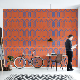 Art Deco Pattern 05 - Prussian Blue on Orange Wallpaper