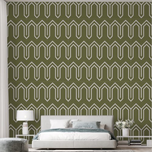 Art Deco Pattern 05 _ White on Camouflage Green Wallpaper
