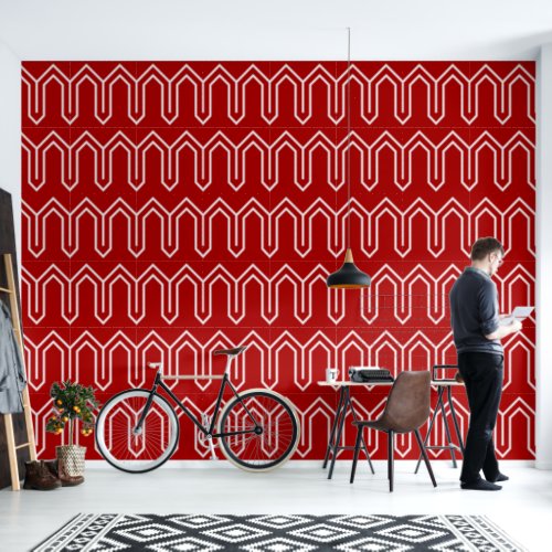 Art Deco Pattern 05 _ White on Milano Red Wallpaper