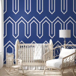 Art Deco Pattern 05 - White on Prussian Blue Wallpaper