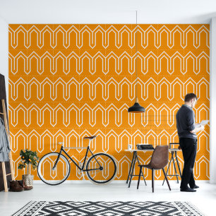 Art Deco Pattern 05 - White on Vivid Gamboge Wallpaper