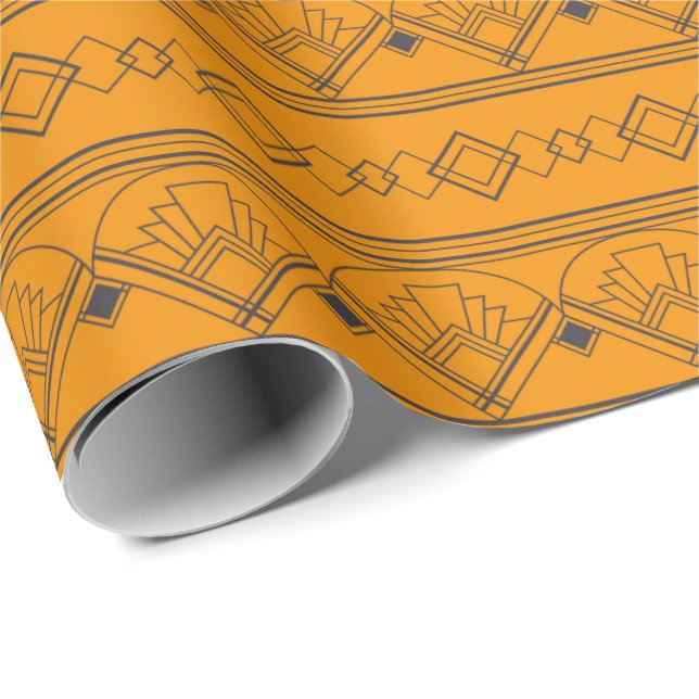 Art Deco Pattern 08 - Deco Black on Vivid Gamboge Wrapping Paper (Roll Corner)