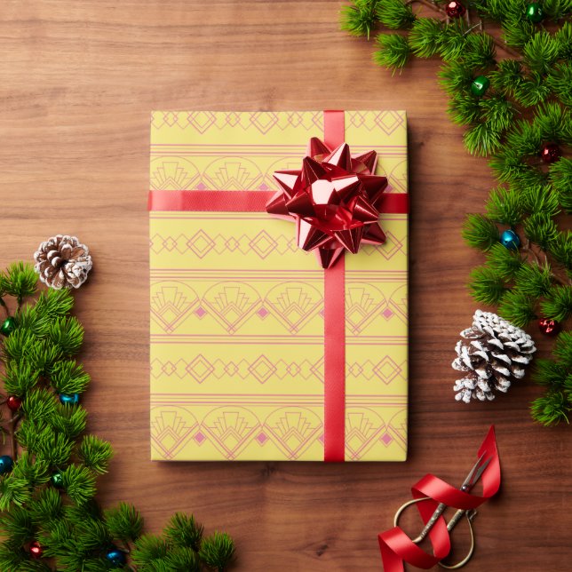 Art Deco Pattern 08 - Light Carmine Pink on Blonde Wrapping Paper (Holiday Gift)