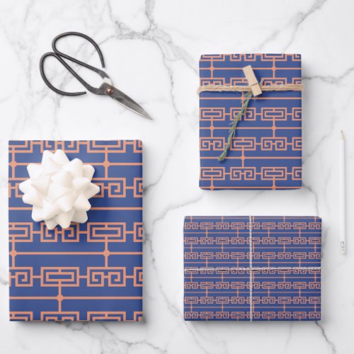 Art Deco Pattern 09 _ Orange on Prussian Blue Wrapping Paper Sheets