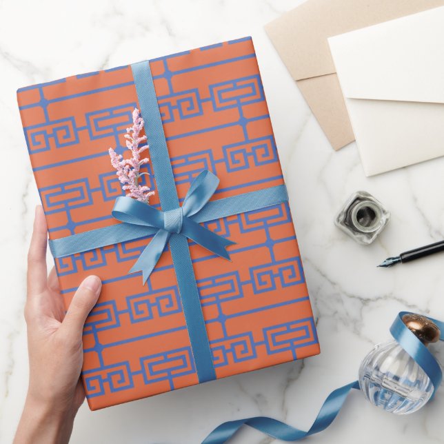 Art Deco Pattern 09 - Prussian Blue on Orange Wrapping Paper (Gifting)