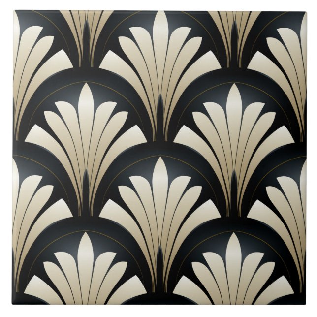 Art Deco Pattern, Black and Beige Leaves Ceramic Tile (Front)