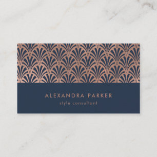 Art Deco Pattern Faux Rose Gold on Midnight Blue Business Card