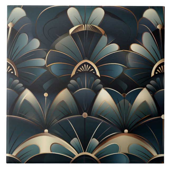 Art Deco Pattern, Gold Details, Feathered Design Ceramic Tile (Front)