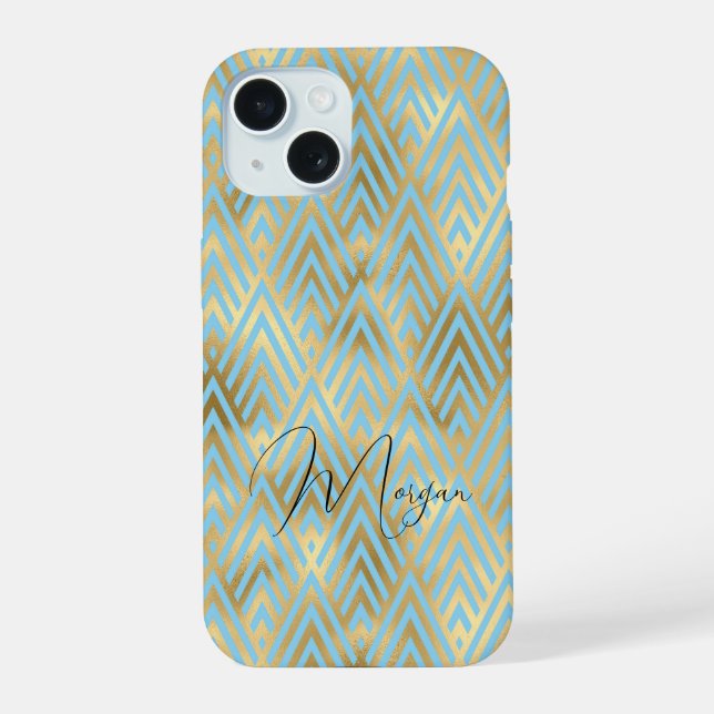 Art Deco Pattern, Gold & Light Blue, Script Name Iphone Case (Back)