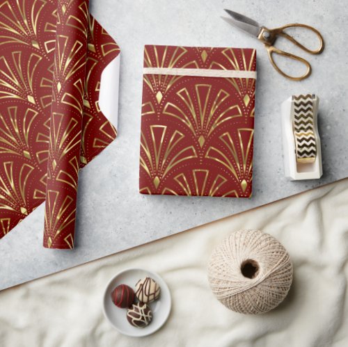 Art Deco Pattern Gold On Dark Red Background Wrapping Paper