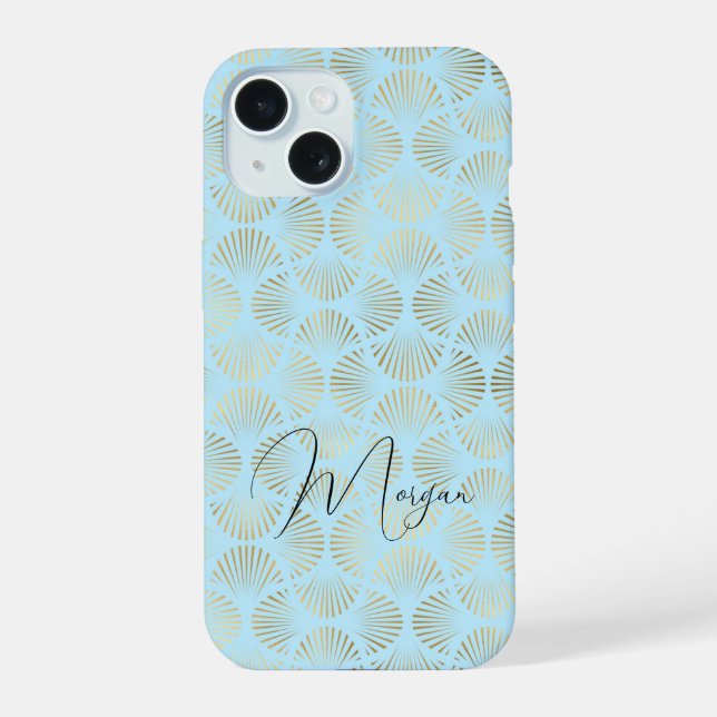 Art Deco Pattern, Gold & Pale Blue, Script Name Iphone Case (Back)