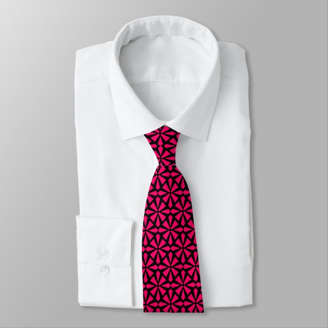 Art Deco Pattern II - Neon Red on Black Neck Tie (Tied)