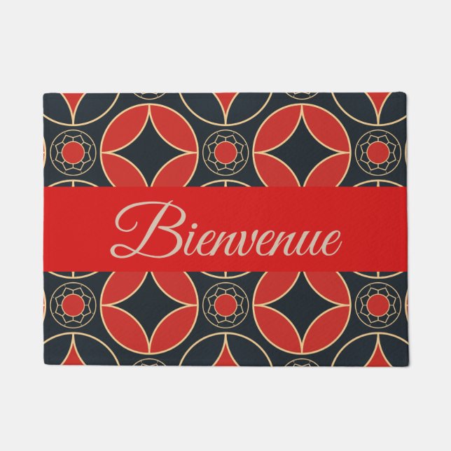 art deco pattern in red and black -bienvenue doormat (Front)