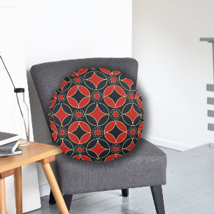 art deco pattern in red and black round pillow