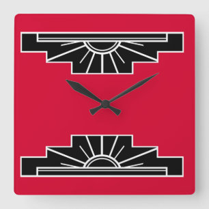 Art Deco Pattern in Red, Black and White Square Wa Square Wall Clock
