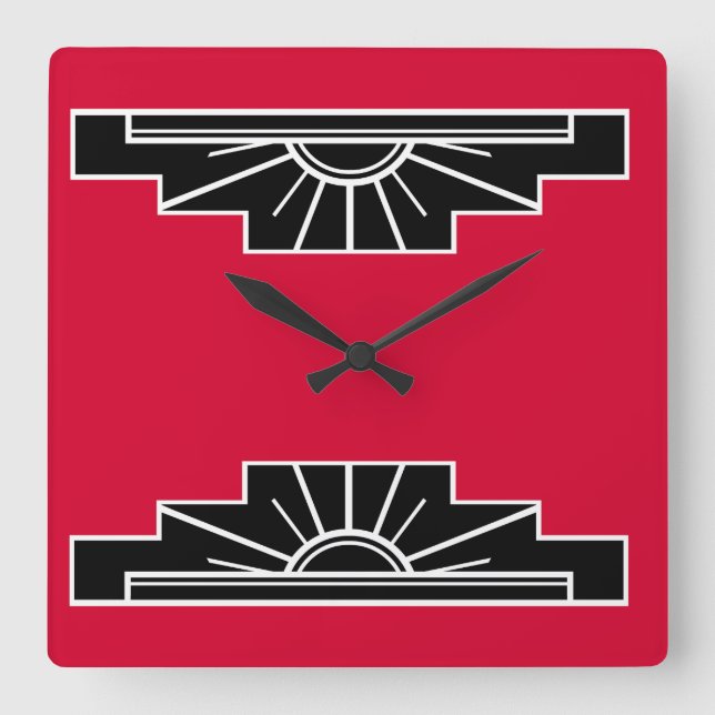 Art Deco Pattern in Red, Black and White Square Wa Wall Clock (Front)