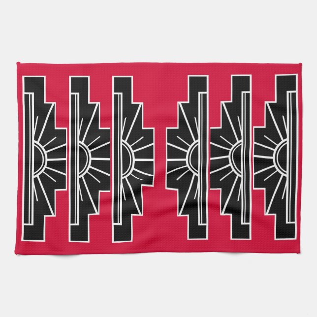 Art Deco Pattern in Red Tea Towel (Horizontal)