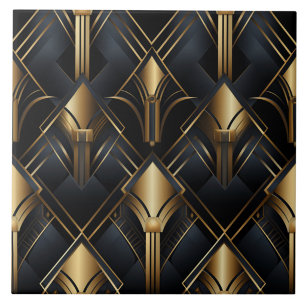 Art Deco Pattern, Metallic effect, black and gold Ceramic Tile
