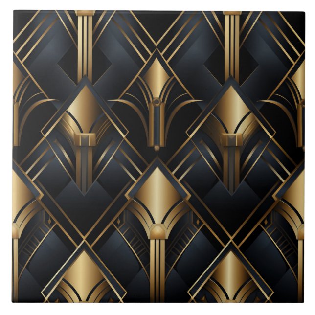 Art Deco Pattern, Metallic effect, black and gold Ceramic Tile (Front)