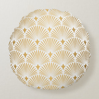 Art Deco Pattern. Seamless white and gold backgrou Round Pillow