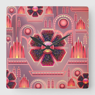 Art deco pattern vintage floral geometric pink square wall clock