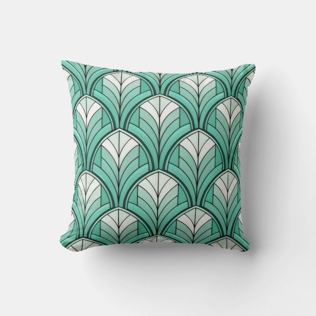 art deco pattern with teal, white, and green hues throw pillow (Front)