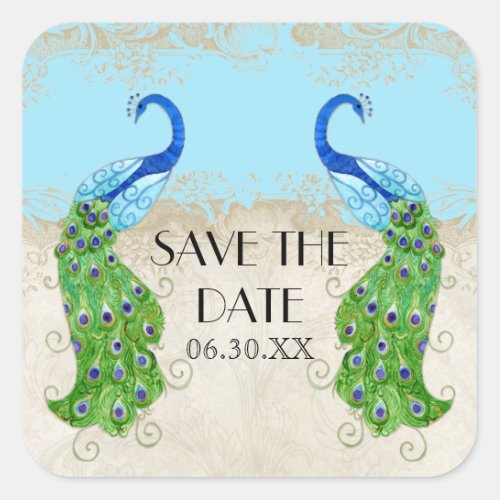 Art Deco Peacock Aqua Blue Save the Date Seal