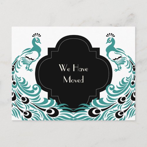 Art Deco Peacock Black and Blue Change of Address Announcement Postcard