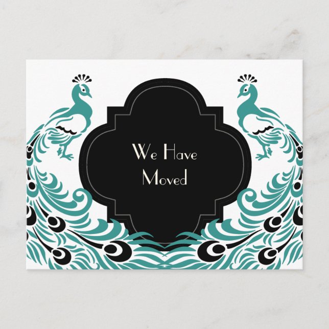 Art Deco Peacock Black and Blue Change of Address Announcement Postcard (Front)