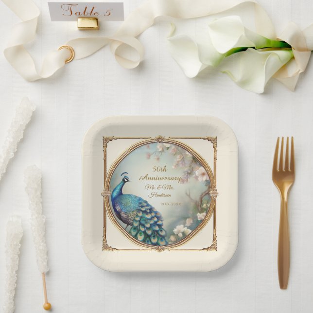 Art Deco Peacock Elegant Flower 50th Anniversary Paper Plates (Wedding)