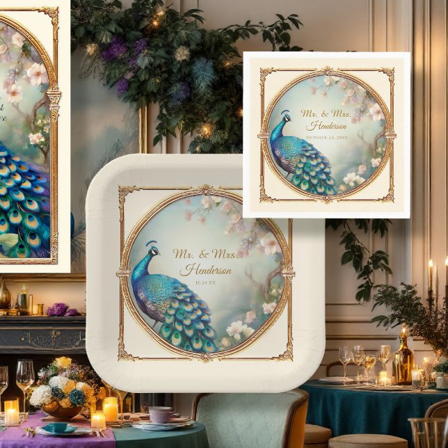 Art Deco Peacock Elegant Flower Tree Wedding Napkins (Creator Uploaded)
