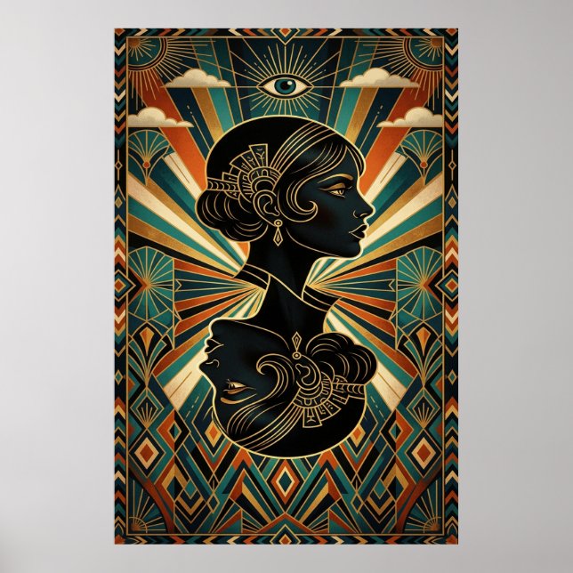 Art Deco Peacock Feather Dancer Gold Teal Poster (Front)