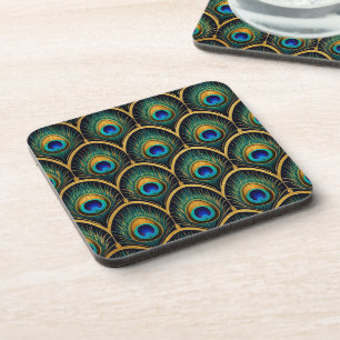 Art Deco Peacock Feather Geometric Artwork Beverage Coaster
