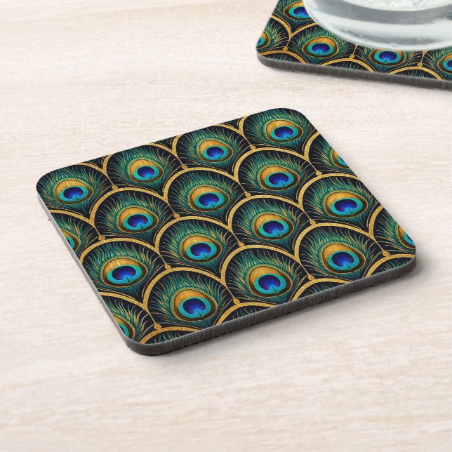 Art Deco Peacock Feather Geometric Artwork Beverage Coaster (Left Side)