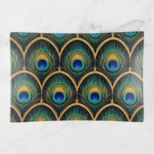 Art Deco Peacock Feather Geometric Artwork Trinket Tray
