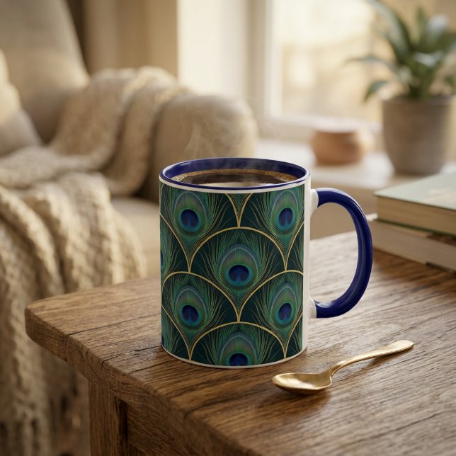 Art Deco Peacock Feather Geometric Pattern Two-Tone Coffee Mug (Art Deco Peacock Feather Geometric Pattern Two-Tone Coffee Mug)