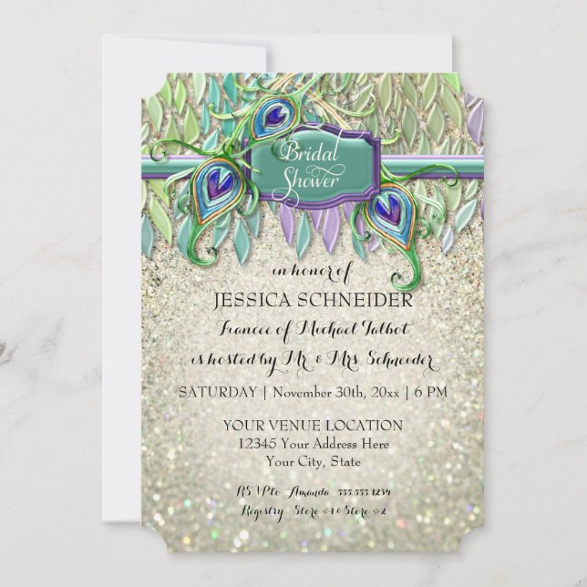 Art Deco Peacock Feather Glitter Bridal Shower Invitation (Front)