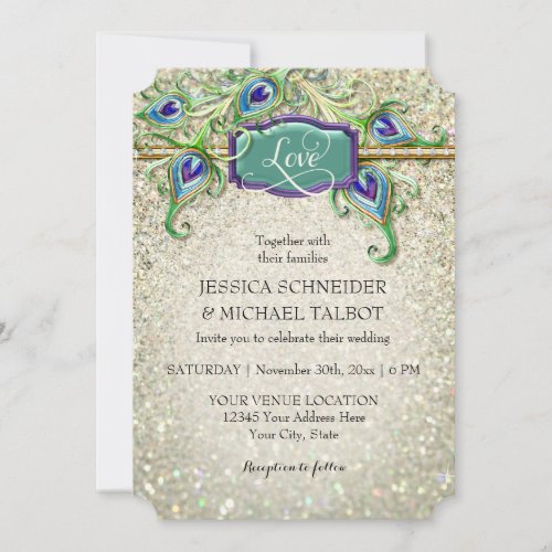 Art Deco Peacock Feather Glitter Movie Ticket Invitation