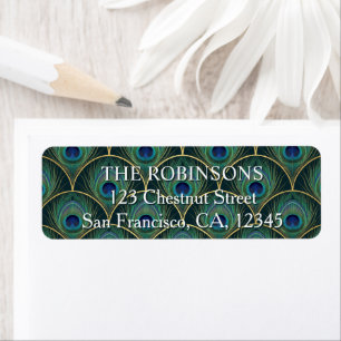 Art Deco Peacock Feather in Teal & Gold Label