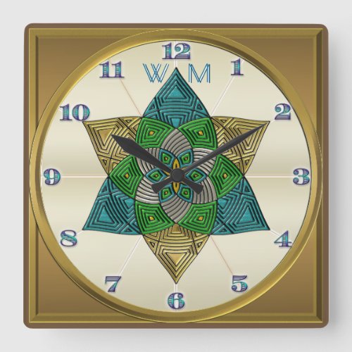 Art Deco Peacock Feather Inspired Mandala Monogram Square Wall Clock