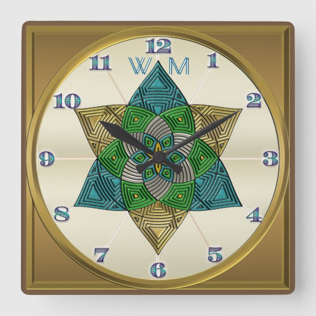 Art Deco Peacock Feather Inspired Mandala Monogram Square Wall Clock (Front)