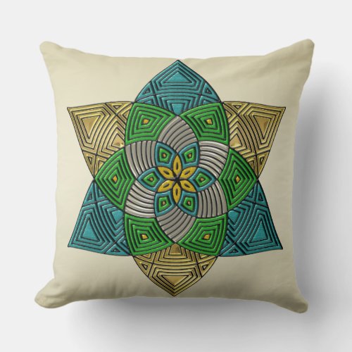Art Deco Peacock Feather Inspired Mandala Throw Pillow