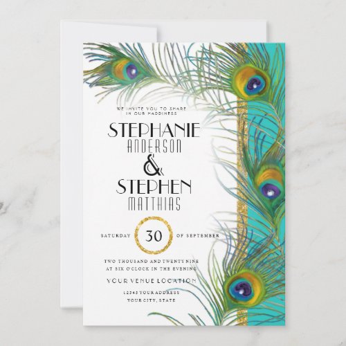 Art Deco Peacock Feather Modern Gold Teal Wedding Invitation