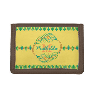 Art Deco Peacock Feather Monogram Stencil Border Tri-fold Wallet