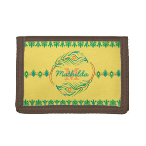 Art Deco Peacock Feather Monogram Stencil Border Trifold Wallet