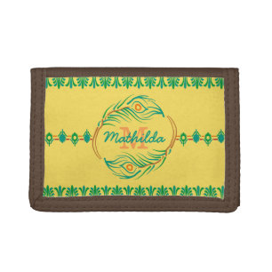 Art Deco Peacock Feather Monogram Stencil Border Trifold Wallet