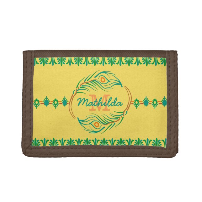 Art Deco Peacock Feather Monogram Stencil Border Trifold Wallet (Front)